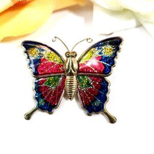 Gold-Tone Butterfly Brooch Colorful Glittery Wings Safety C- Clasp Pin Figural